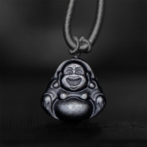 Silver Sheen Obsidian Laughing Buddha Protection Pendant