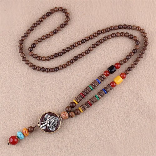 Wenge Wood Bodhi Seed Agate Elephant Protection Necklace Pendant