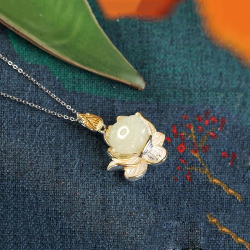 White Jade Lotus Flower Happiness Necklace White Jade Lotus Flower Happiness Necklace