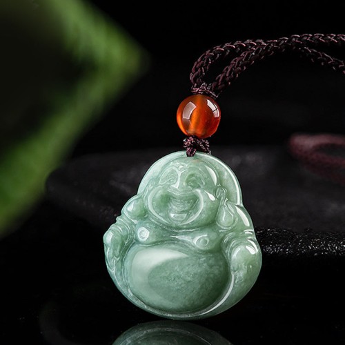 Laughing Buddha Cyan Jade Success Necklace Pendant Laughing Buddha Cyan Jade Success Necklace Pendant