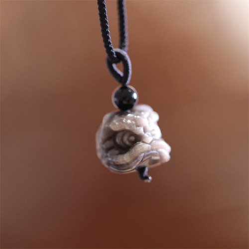 Silver Sheen Obsidian Dancing Lion Necklace