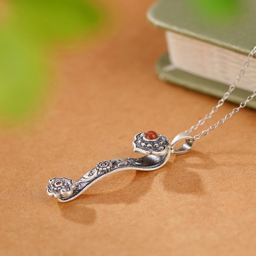 925 Sterling Silver Red Agate Cyan Jade Ruyi Blessing Necklace 925 Sterling Silver Red Agate Cyan Jade Ruyi Blessing Necklace