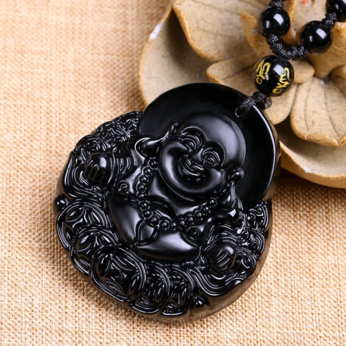 Laughing Buddha Black Obsidian Strength Necklace Laughing Buddha Black Obsidian Strength Necklace
