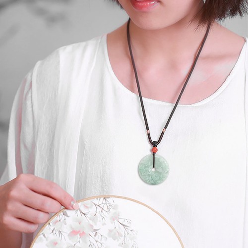 Round Jade Peace Buckle Peony Flower Pendant Necklace