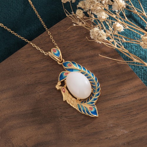 White Jade Peacock Copper Blessing Necklace Pendant White Jade Peacock Copper Blessing Necklace Pendant