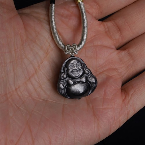Silver Sheen Obsidian Laughing Buddha Protection Pendant