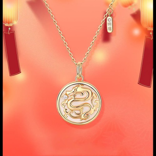 925 Sterling Silver Tridacna Stone Year of the Dragon Necklace 925 Sterling Silver Tridacna Stone Year of the Dragon Necklace