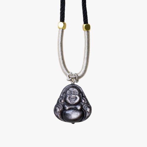 Silver Sheen Obsidian Laughing Buddha Protection Pendant