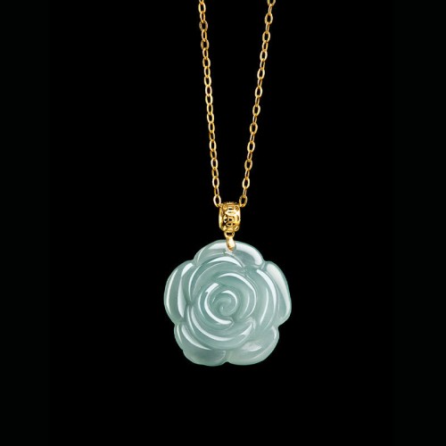 Gold Sterling Silver Natural Jade Rose Luck Necklace Gold Sterling Silver Natural Jade Rose Luck Necklace