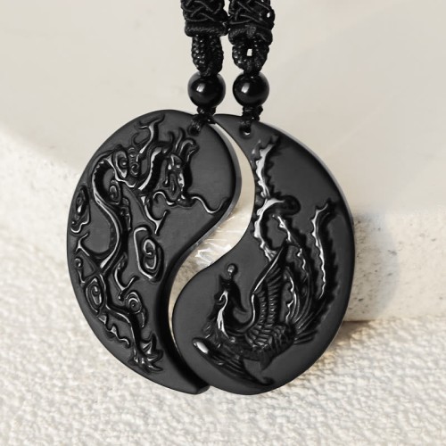 Black Obsidian Yin Yang Dragon Necklace Pendant Black Obsidian Yin Yang Dragon Necklace Pendant