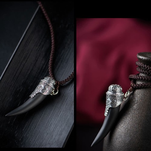 925 Silver Black Obsidian Wolf Tooth Strength Necklace 925 Silver Black Obsidian Wolf Tooth Strength Necklace