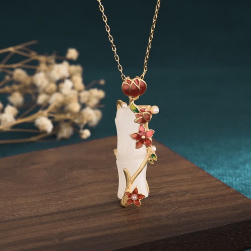 White Jade Bamboo Lotus Protection Necklace Pendant White Jade Bamboo Lotus Protection Necklace Pendant