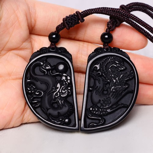 Black Obsidian Dragon Phoenix Protection Necklace