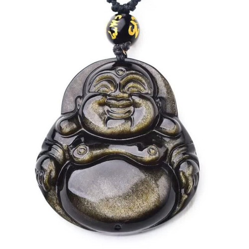Laughing Buddha Gold Obsidian Wealth Necklace