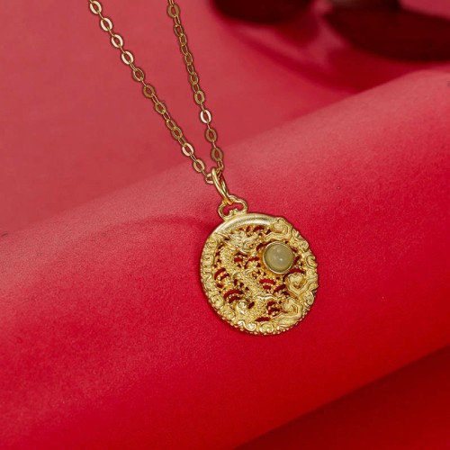 Sterling Silver Year of the Dragon Jade Luck Necklace Pendant