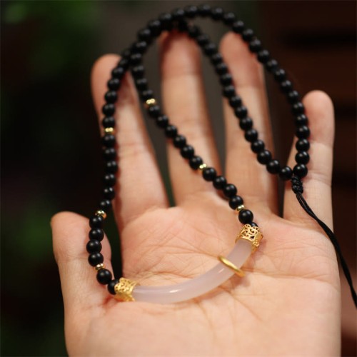 Black Onyx Chalcedony Protection Beaded Pendant