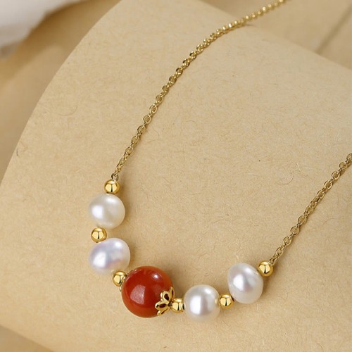 925 Silver Pearl Cinnabar Healing Bead Chain Necklace 925 Silver Pearl Cinnabar Healing Bead Chain Necklace