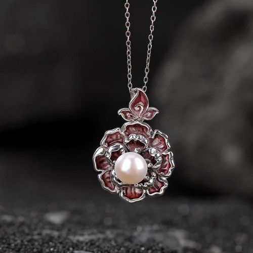 999 Sterling Silver Peony Flower Pearl Necklace 999 Sterling Silver Peony Flower Pearl Necklace