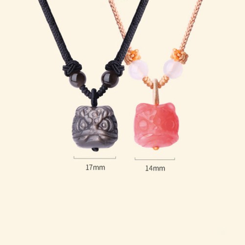 Silver Sheen Obsidian Red Agate Dancing Lion Necklace