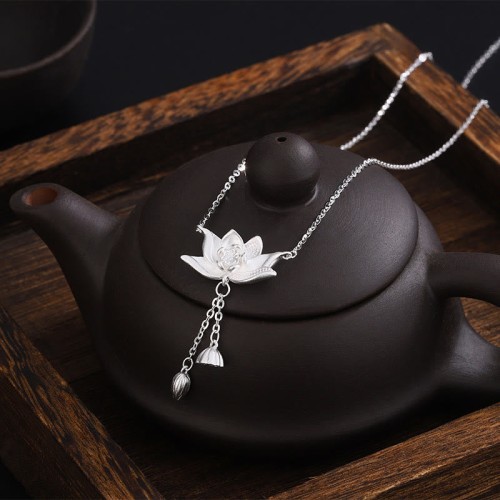 Sterling Silver Lotus Flower Enlightenment Necklace Pendant