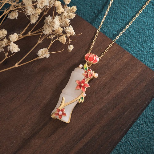 White Jade Bamboo Lotus Protection Necklace Pendant White Jade Bamboo Lotus Protection Necklace Pendant