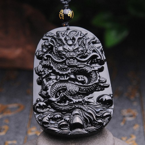 Black Obsidian Stone Dragon Fulfilment Necklace Pendant Black Obsidian Stone Dragon Fulfilment Necklace Pendant