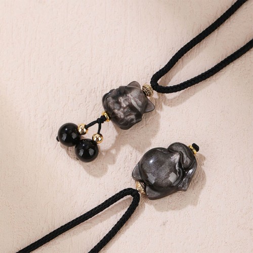 Silver Sheen Obsidian Nine-Tailed Fox Protection Necklace