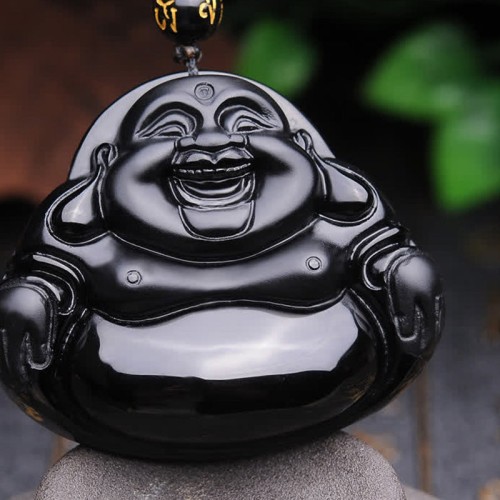 Laughing Buddha Black Obsidian Transformation Necklace
