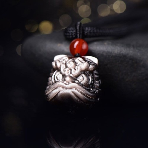 Silver Sheen Obsidian Dancing Lion Necklace