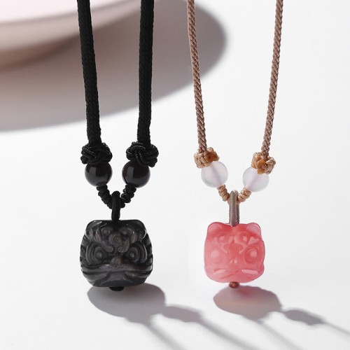 Silver Sheen Obsidian Red Agate Dancing Lion Necklace