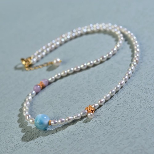Sterling Silver Pearl Larimar Sincerity Necklace Pendant Sterling Silver Pearl Larimar Sincerity Necklace Pendant