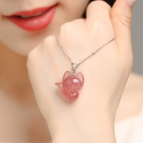 14k Gold Plated 925 Sterling Silver Strawberry Quartz Fox Healing Pendant 14k Gold Plated 925 Sterling Silver Strawberry Quartz Fox Healing Pendant