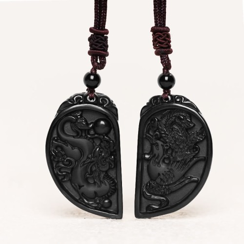 Black Obsidian Dragon Phoenix Protection Necklace