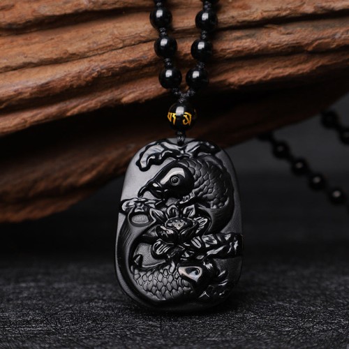 Black Obsidian Koi Fish Lotus Strength Necklace Black Obsidian Koi Fish Lotus Strength Necklace