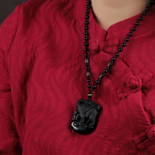 Black Obsidian Elephant Protection Key Chain Necklace Pendant