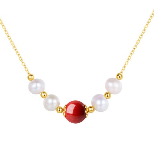 925 Silver Pearl Cinnabar Healing Bead Chain Necklace 925 Silver Pearl Cinnabar Healing Bead Chain Necklace
