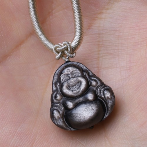 Silver Sheen Obsidian Laughing Buddha Protection Pendant