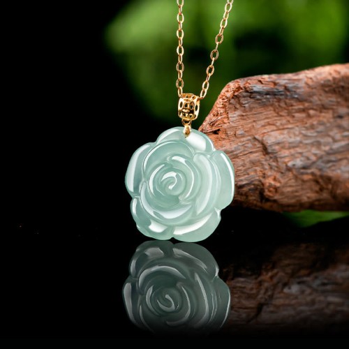 Gold Sterling Silver Natural Jade Rose Luck Necklace Gold Sterling Silver Natural Jade Rose Luck Necklace