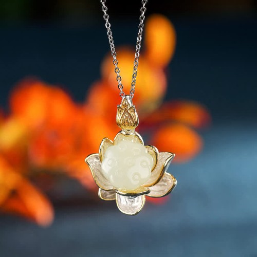 White Jade Lotus Flower Happiness Necklace White Jade Lotus Flower Happiness Necklace