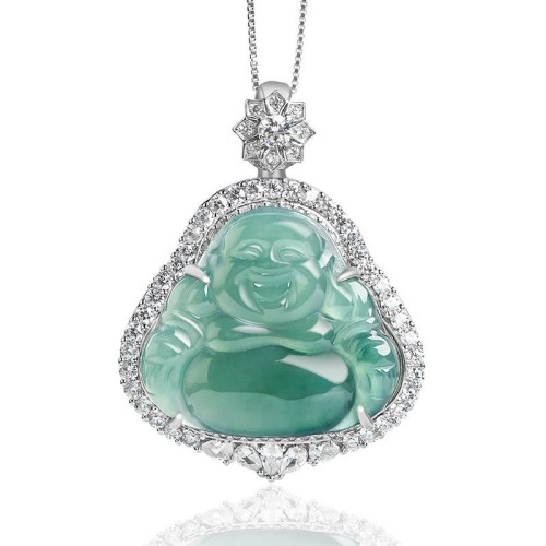 925 Sterling Silver Laughing Buddha Jade Luck Necklace Pendant