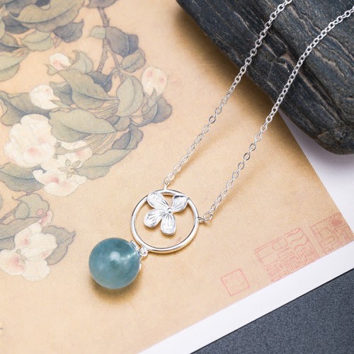 Aquamarine Leaf Flower Peace Necklace Pendant