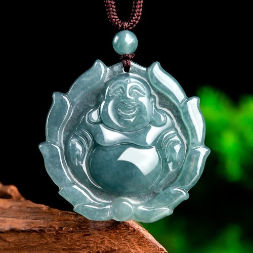 Natural Jade Laughing Buddha Lotus Pattern Necklace