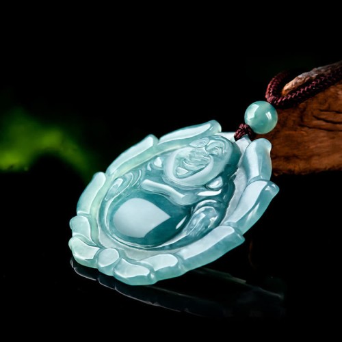 Natural Jade Laughing Buddha Lotus Pattern Necklace