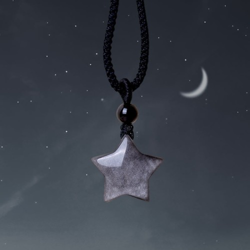 Natural Silver Sheen Obsidian Crescent Moon Protection Necklace
