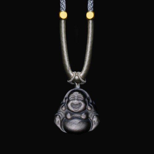 Silver Sheen Obsidian Laughing Buddha Protection Pendant