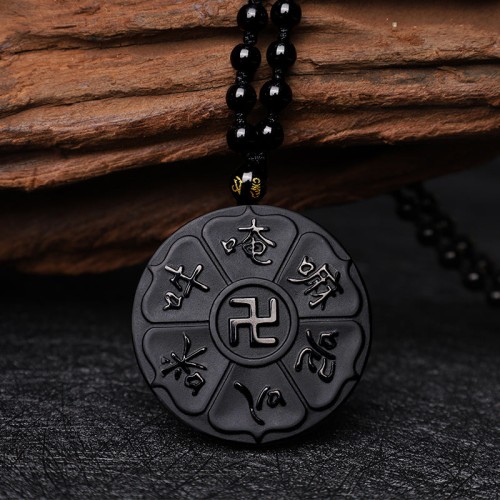 Natural Black Obsidian Om Mani Padme Hum Luck Necklace Natural Black Obsidian Om Mani Padme Hum Luck Necklace