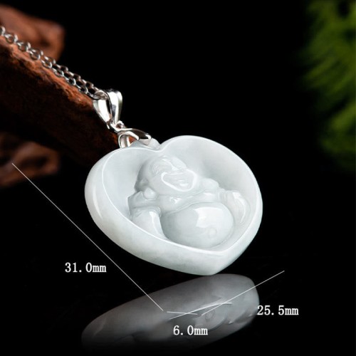 925 Silver Laughing Buddha White Jade Luck Necklace