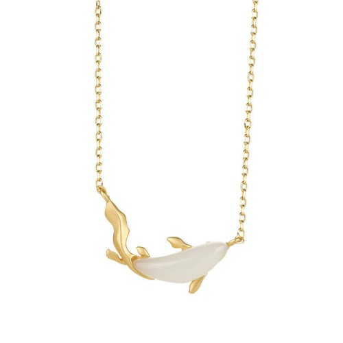 925 Silver White Jade Dolphin Luck Necklace