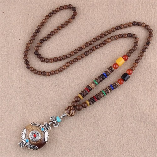Wenge Wood Bodhi Seed Agate Elephant Protection Necklace Pendant