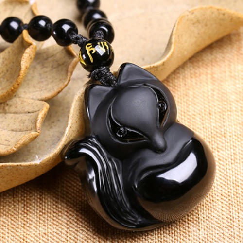 Natural Black Obsidian Tiger Eye Ice Fox Pendant Necklace Natural Black Obsidian Tiger Eye Ice Fox Pendant Necklace